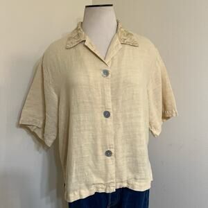 100% Linen Button Front Blouse Womens Short Sleeve Collared Top Sz M